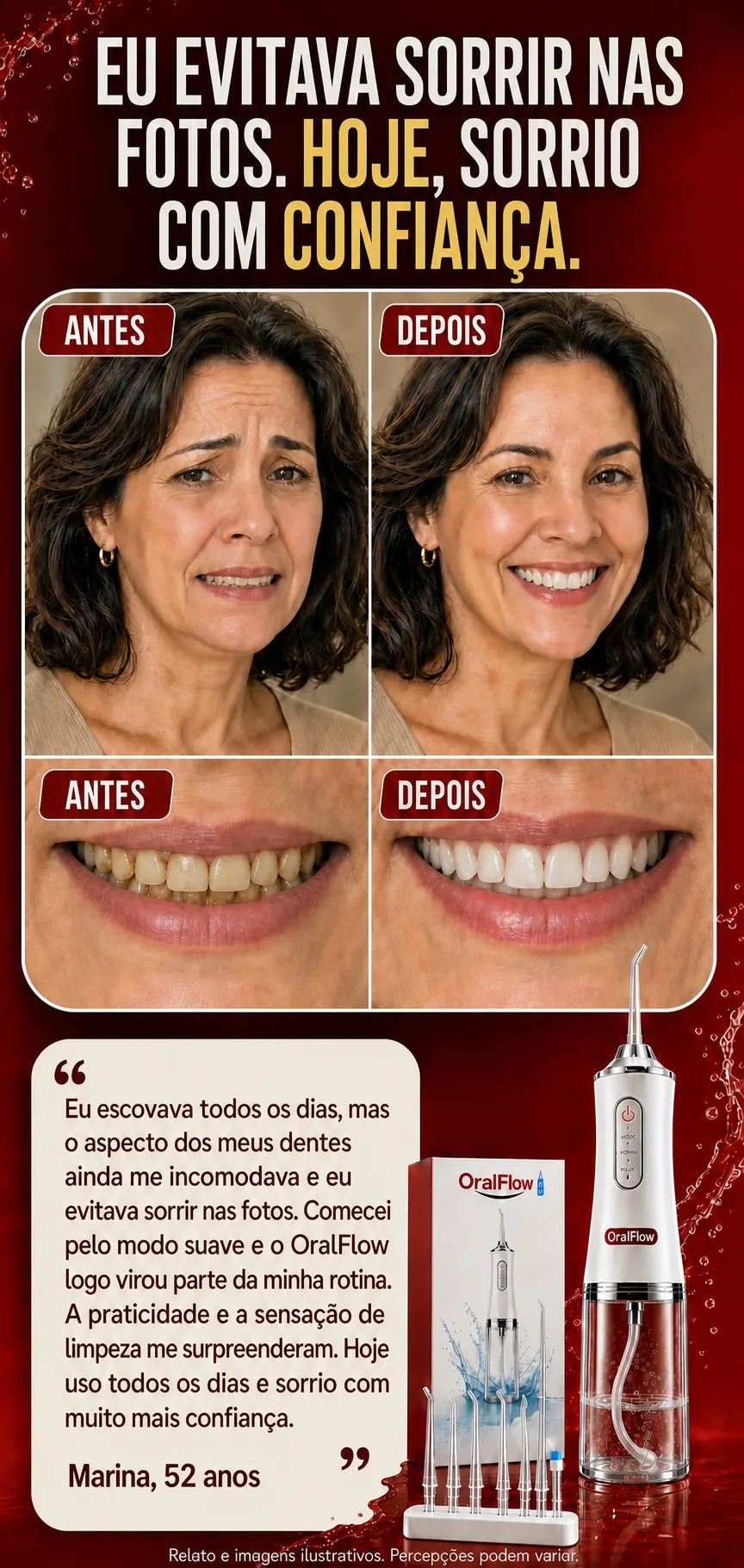 Depoimento de cliente: antes e depois do sorriso com o OralFlow — relato ilustrativo