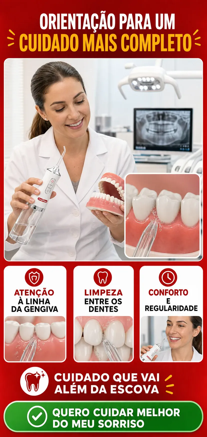 Orientacao visual de dentista sobre limpeza entre os dentes e cuidado da gengiva